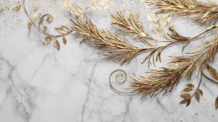 Gold leaves on white marble background. Flat lay, top view.の素材