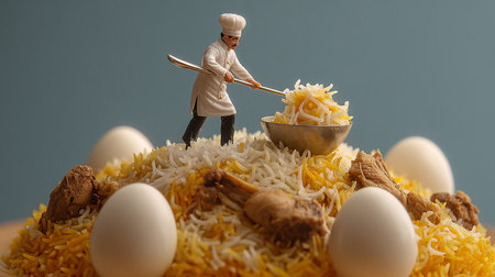 Miniature people : Chef cooking rice with chicken,eggs and spices.の素材