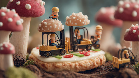 Miniature people : Excavator and forklift with mushroom cakeの素材