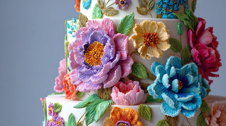 Wedding cake decorated with flowers and ribbons on a gray backgroundの素材