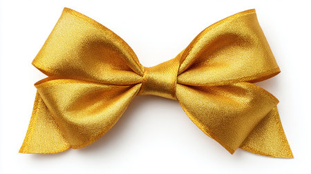 Gold bow tie isolated on white background with clipping path. Golden satin bow tie.の素材