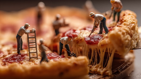 Workers decorating pizza with salami and cheeseの素材