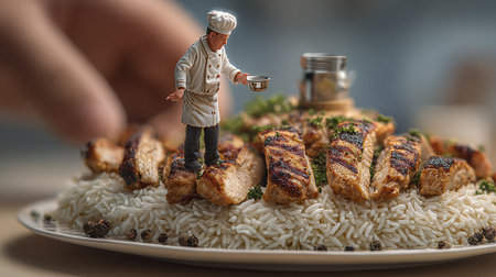 Miniature chef standing on top of a plate of steamed riceの素材