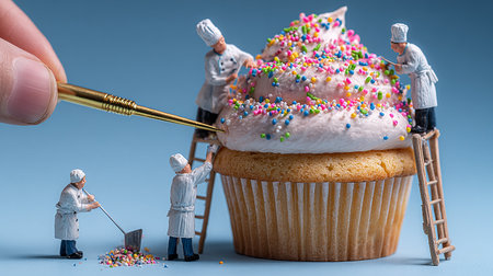 Workers decorating cupcake with sprinkles.の素材