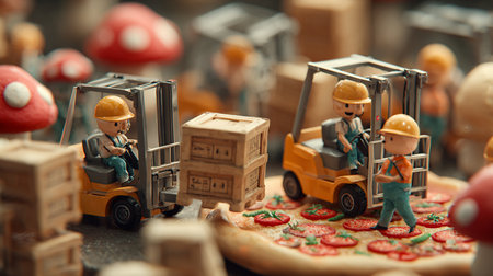 Miniature people : Worker and forklift with pizza on the tableの素材