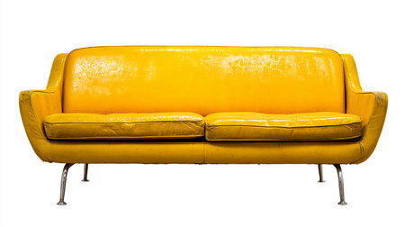 Yellow leather sofa isolated on white background. Clipping path included.の素材