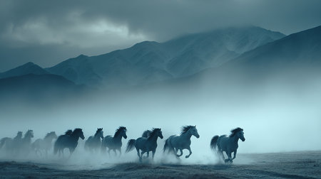 Horses run gallop in the fog on the mountains background.の素材