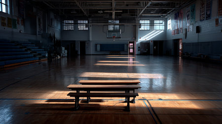 Empty gymnasium with bench and sunbeams. 3d renderingの素材