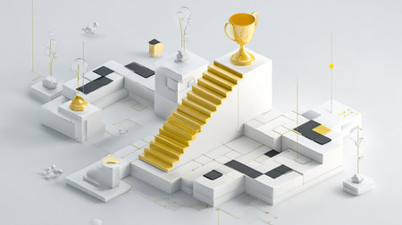 3d rendering of stairs with gold trophy cup on white background.の素材