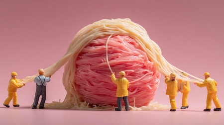Miniature people : Workers team work with raw noodle on pink backgroundの素材