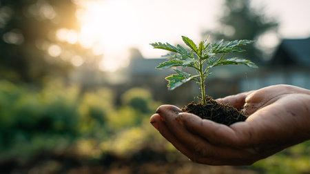 Human hand holding a young cannabis seedling growing on soil in natureの素材