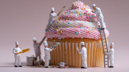 Workers decorating cupcake with cream and sprinklesの素材