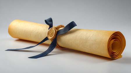 A diploma scroll with a wax seal and a blue ribbon on a white backgroundの素材