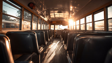 Interior of a train carriage with seats and windows at sunset.の素材