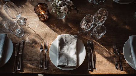 Table setting with white napkin and cutlery on wooden tableの素材