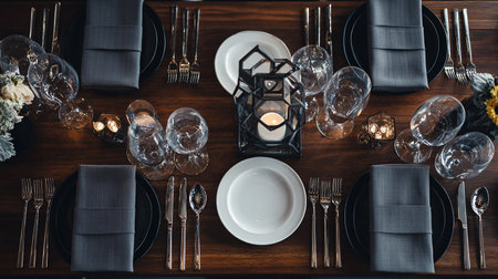 Luxury table setting with candles and cutlery on wooden tableの素材