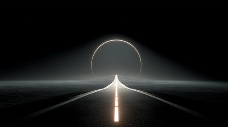 3d rendering of an empty road leading to a lighted tunnelの素材