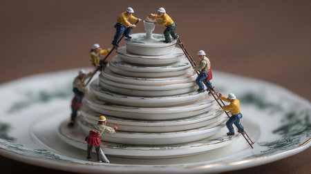 Miniature people construction worker and engineer team on stack of white platesの素材