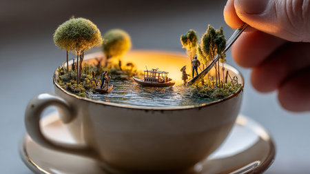 Miniature model of the island in the coffee cup on wooden tableの素材