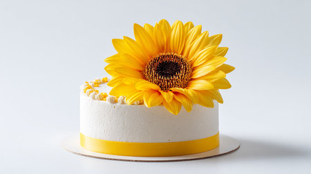 Cake with sunflower on a white background. Close-up.の素材