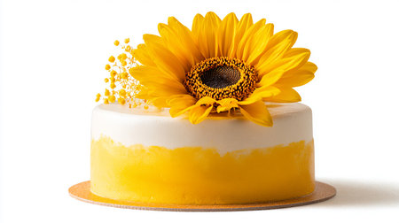 Cake with yellow sunflower on a white background. Isolatedの素材