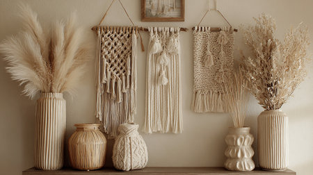 Interior of modern scandinavian living room with beige wall, rattan baskets, vases with dried pampas grass and accessories. Stylish home decor.の素材