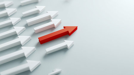 Red arrow in the middle of white arrows. 3d illustration.の素材