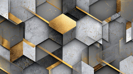 Abstract geometric background with golden and silver elements. 3d render illustrationの素材