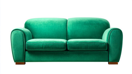 Green velvet sofa isolated on white background. Clipping path included.の素材