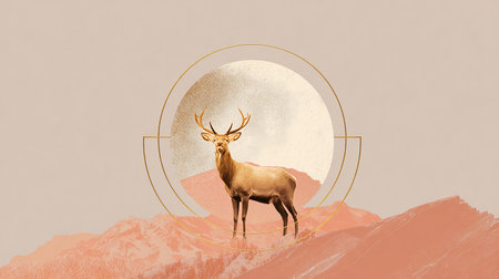 Illustration of a deer on a mountain landscape with a round frameの素材