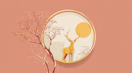 Autumn landscape with deer, trees and sun. Vector illustration.の素材