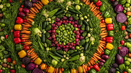 Fruits and vegetables arranged in a circle. Healthy food background.の素材