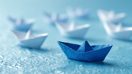 Paper boats on a blue background. The concept of leadership and success.の素材