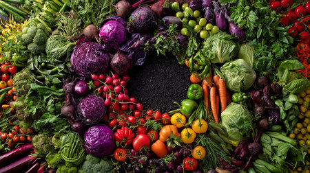 Background of fresh organic vegetables. Healthy eating concept. Top view.の素材