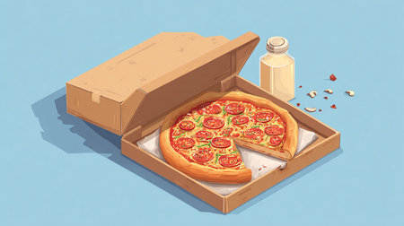 Pizza in a cardboard box on a blue background. Vector illustrationの素材