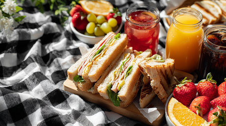 Tasty sandwiches with fresh fruits and juice on wooden board, closeupの素材