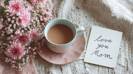 Cup of coffee, pink flowers and card with text I love you momの素材