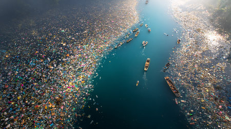 Aerial view of a garbage dump in the morning, Thailand.の素材