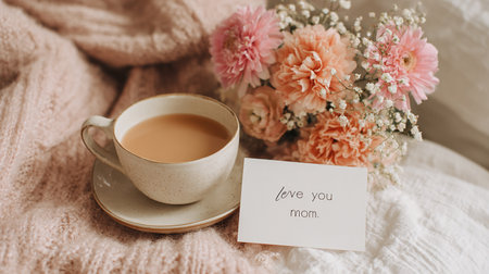 Cup of coffee and bouquet of flowers on the bed.の素材