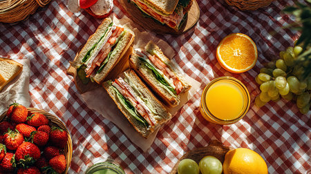 Picnic in the park. Sandwiches with ham, cheese, tomatoes and orange juiceの素材