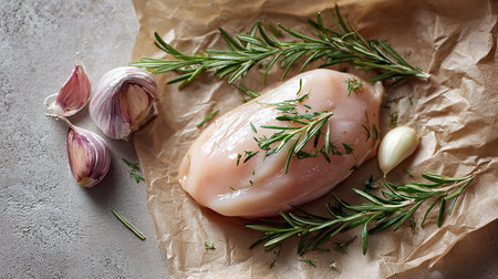 Raw chicken fillet with rosemary and garlic on parchment paper, closeupの素材