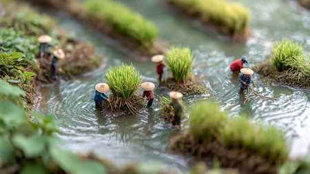 Rice seedlings in the rice paddy field, Thailand.の素材