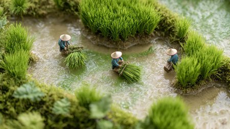 Miniature farmer working on rice paddy field. Selective focus.の素材