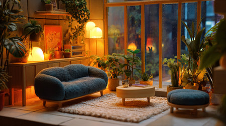 Interior of cozy living room with decorative plants and furniture at nightの素材