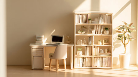 Interior of living room with bookshelf, chair and laptopの素材