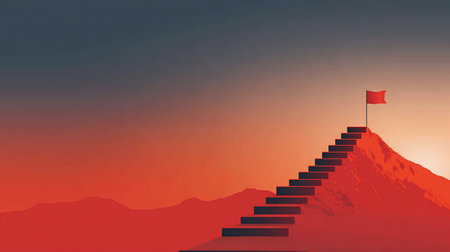 Conceptual red success or achievement stair with red flag on top of a mountain at sunset or sunrise backgroundの素材