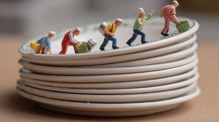 Miniature people : Workers working on a stack of dishware.の素材
