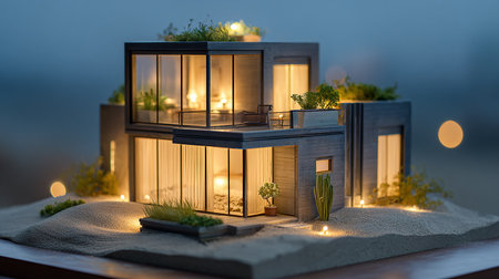 Model of a private house on the sand with candles. 3d renderingの素材