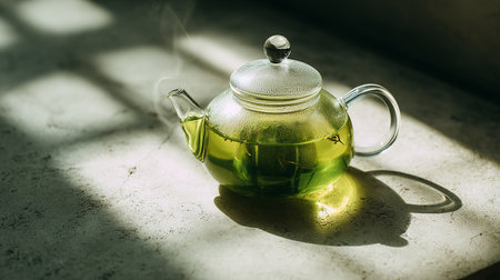 Green tea in a teapot on a white background with sunlightの素材