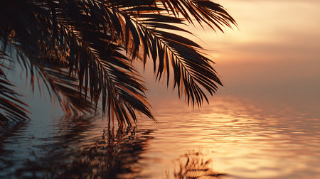 Palm leaves on a sunset background with reflection in the water.の素材